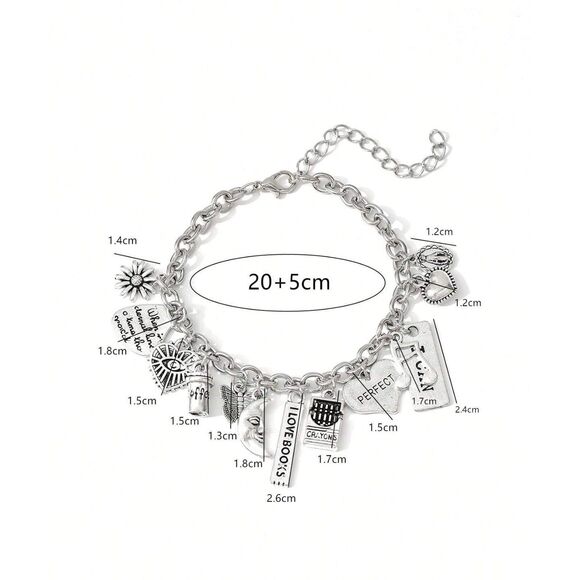 Silver Multi Charm Link Bracelet Adjstbl Pendnt Heart Flowr Buttrfly Coffee Moon - Picture 6 of 7